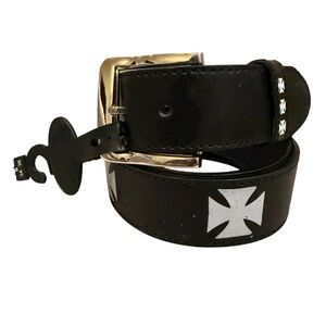 Y2K Iron Cross Black Belt Size 34-36 Faux Leather Punk Rock Grunge Goth Edgy